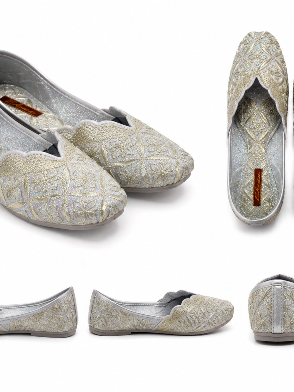 Helena Silver and Gold Embroidered Scallop-Top Flats